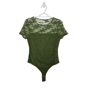 PinkmStyle Olive Green Floral Lace Mesh Bodysuit Short Sleeve Snap Crotch Medium